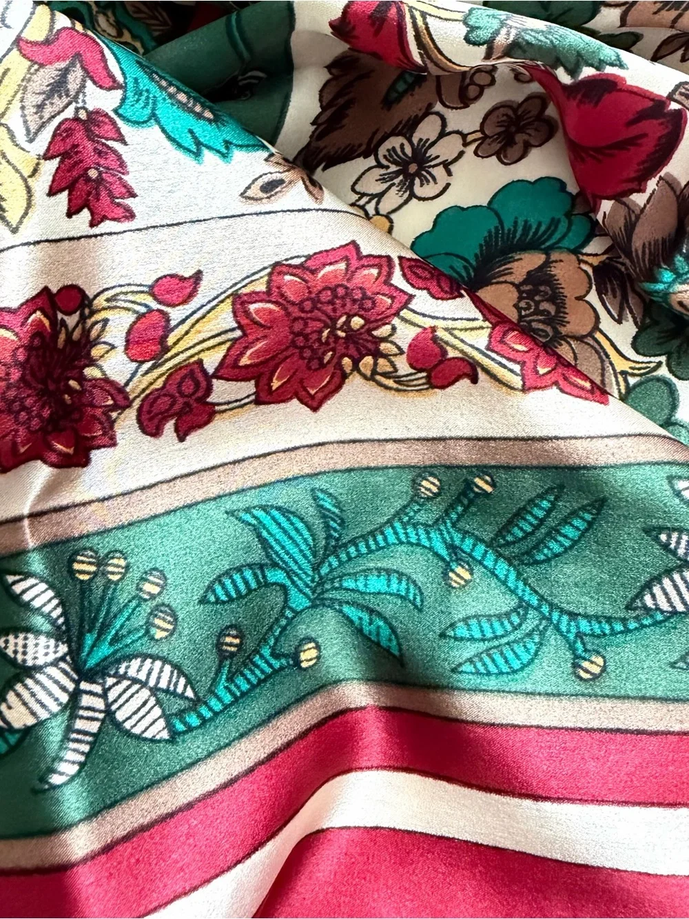 Vintage 41” Floral Silk Scarf Square Pink Green  Neck Hair Wrap Boho